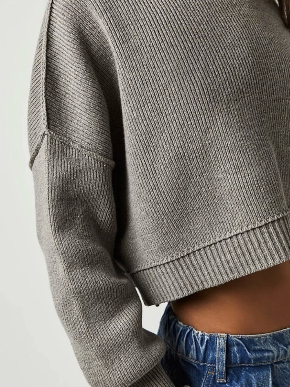 Free People "Easy Street" Gray Cropped Ribbed Crew Neck Sweater